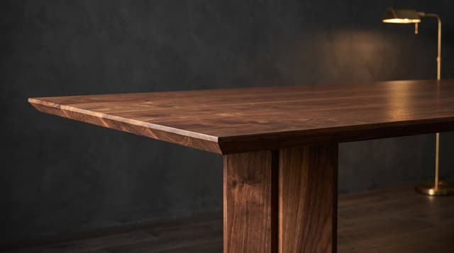 The Vekt Walnut Dining Table in the chamfer and a faceted column, charcoal plaster, a brass lamp