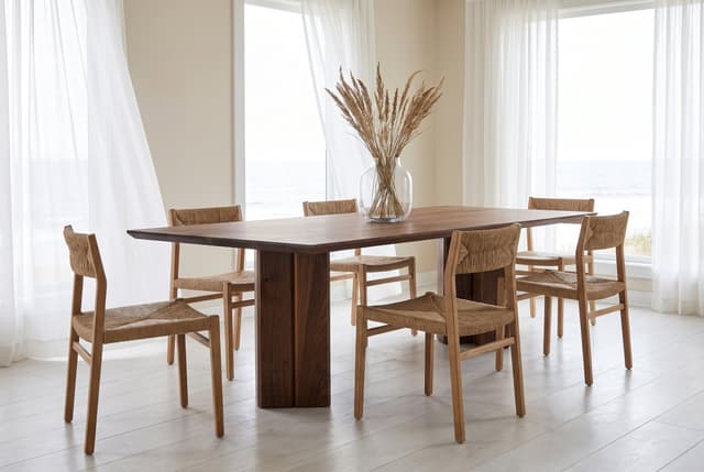 The Vekt Walnut Dining Table in a coastal dining room, sheer curtains in the sea breeze, rope-seat chairs