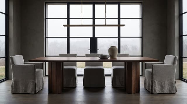 The Vekt Walnut Dining Table in the house dining room, straight down the long side against the steel windows