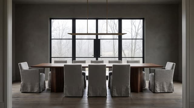 The Vekt Walnut Dining Table in the house dining room from the threshold, the 114-inch seating ten
