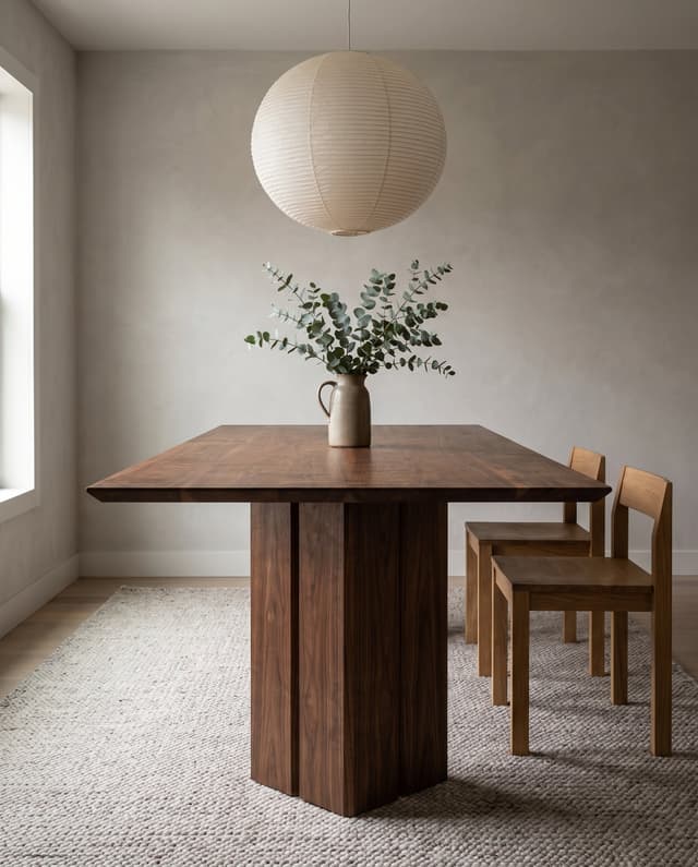 The Vekt Walnut Dining Table in a quiet Japandi dining room, a paper lantern and eucalyptus