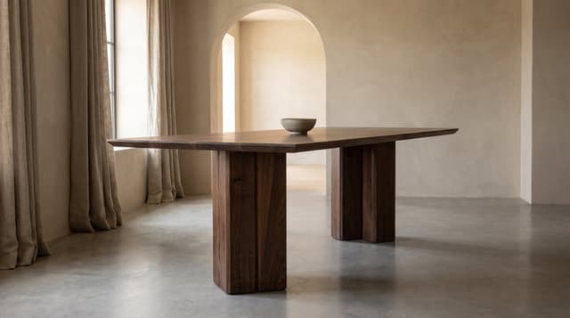 The Vekt Walnut Dining Table in alone in a limewashed room with an arch beyond, from low