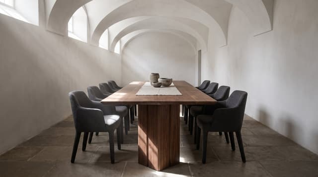 The Vekt Walnut Dining Table in a vaulted refectory with clerestory windows, the 114-inch seating ten