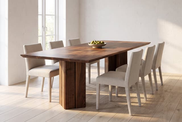 The Vekt Walnut Dining Table in a bright Scandinavian dining room, six linen chairs and a bowl of pears in morning light