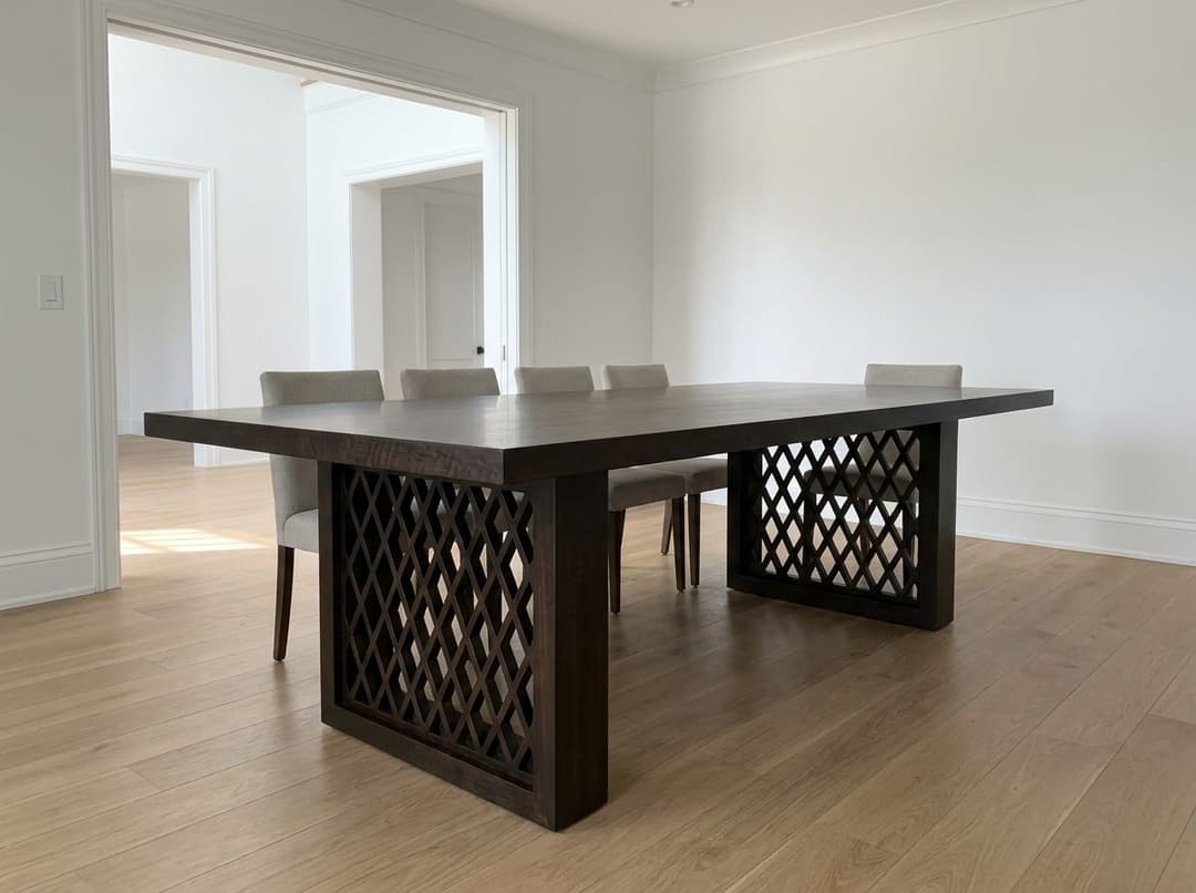 8x5 espresso moabi dining table with CNC cut diamond lattice end panels in a white dining room