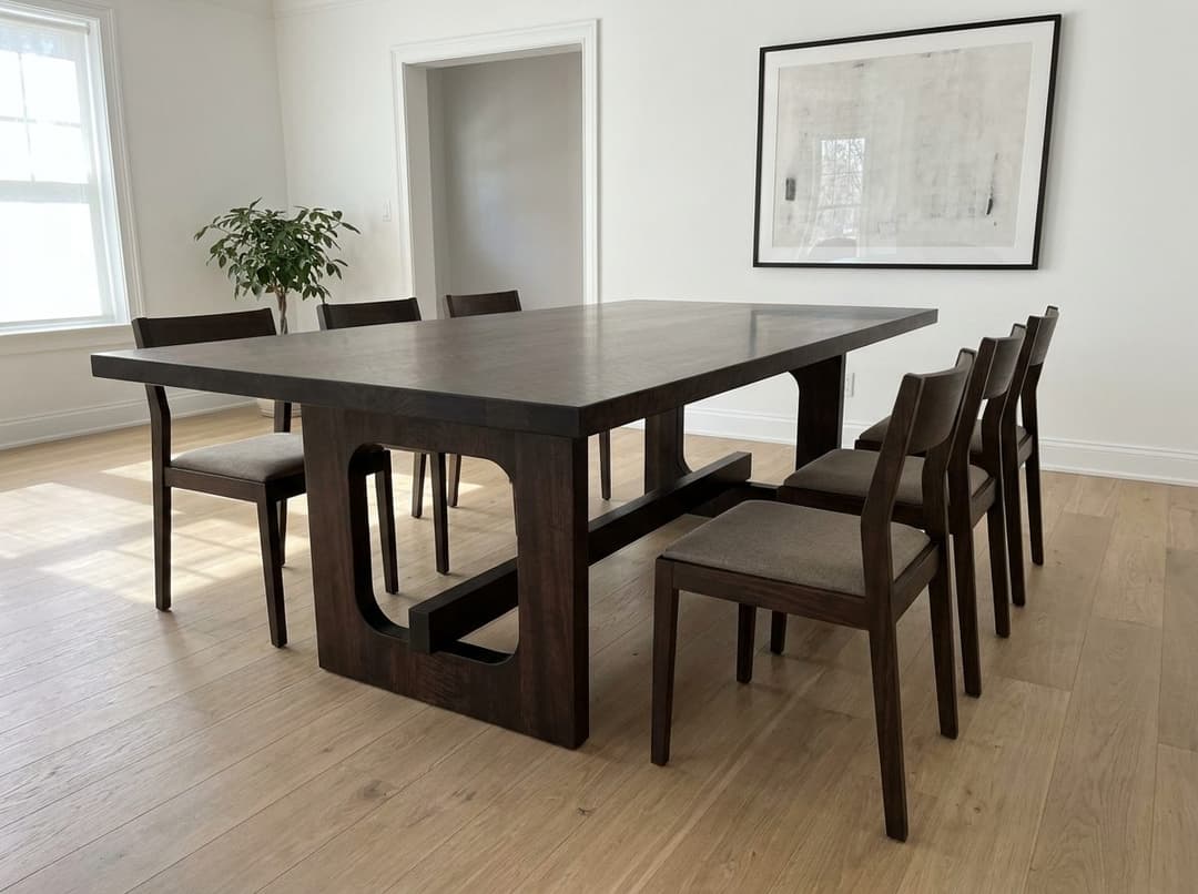 8x5 espresso moabi dining table with slab end trestle base and CNC cutout window in a white dining room