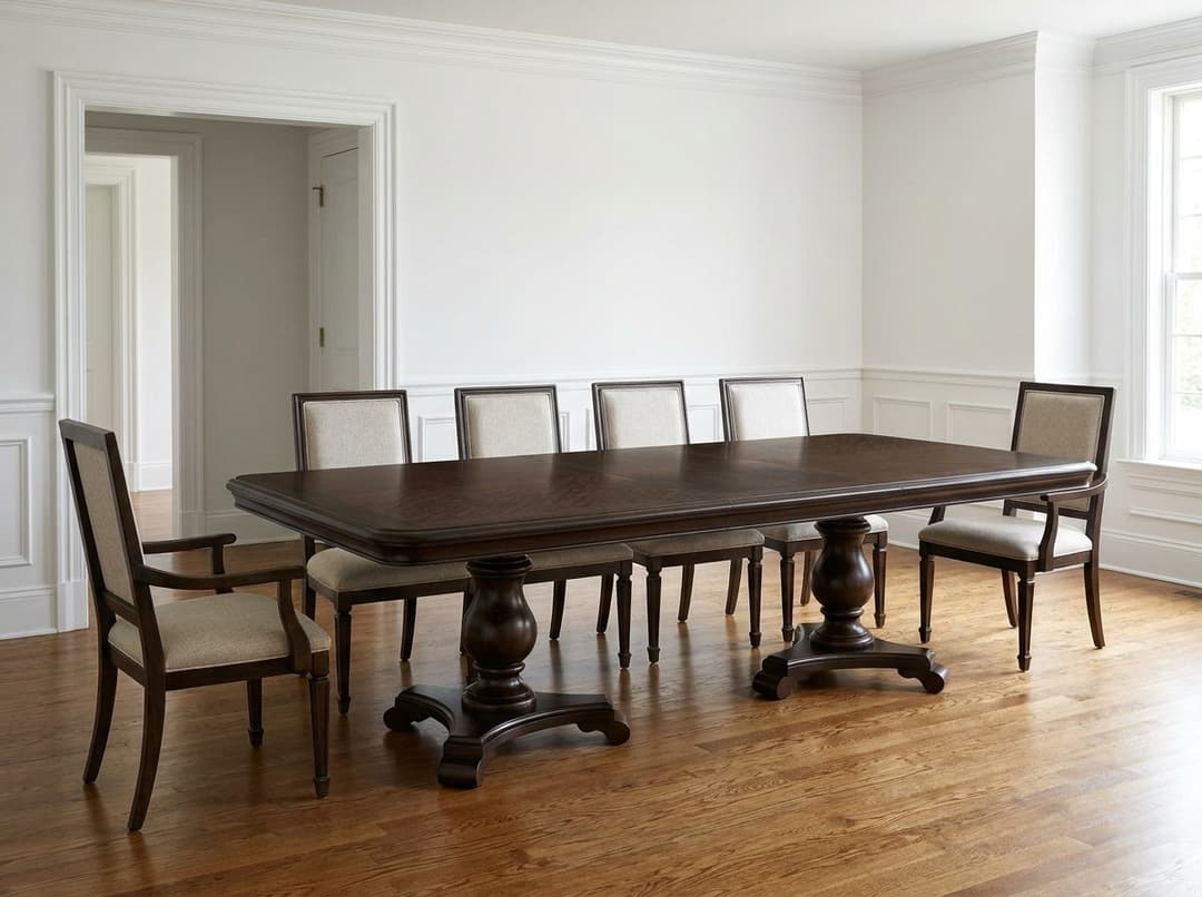 Traditional 8x5 espresso moabi dining table on two turned urn pedestals with scroll feet, white walls and wainscoting