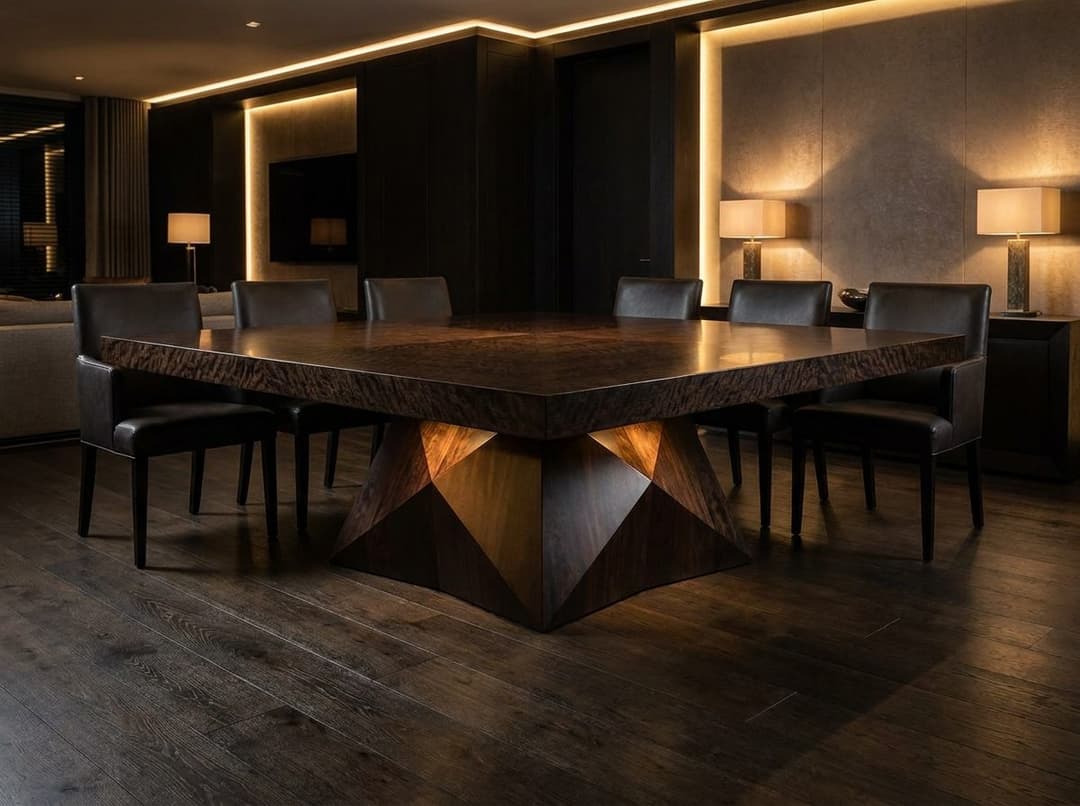 Espresso stained moabi pommelle square dining table on a faceted geometric pedestal in a moody dining room, figure glowing through the dark finish