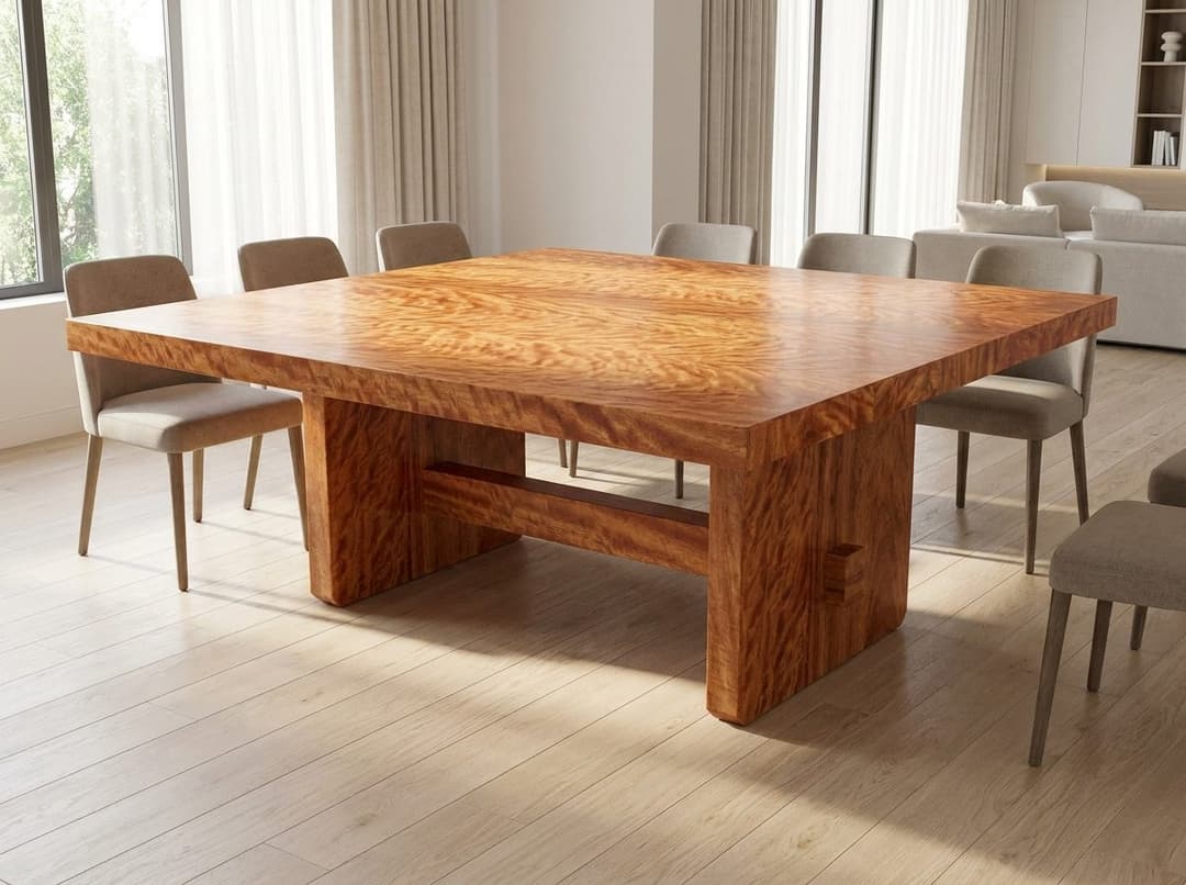 Natural moabi pommelle square dining table with double trestle base in a bright modern kitchen, quilted figure visible across the top