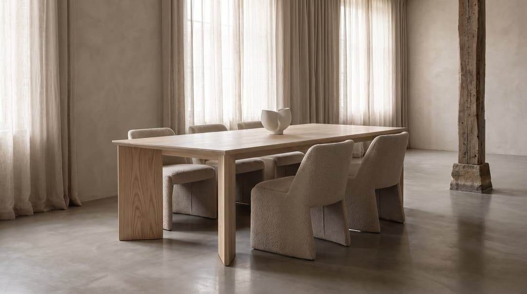 Kouper Dining Table in ash, a linen-curtained loft with boucle chairs