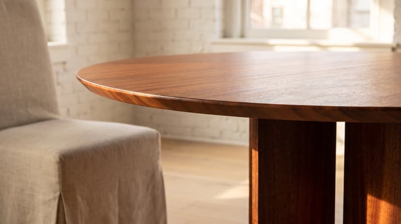 Solid mahogany dining table, face grain — the Kouper Round Dining Table