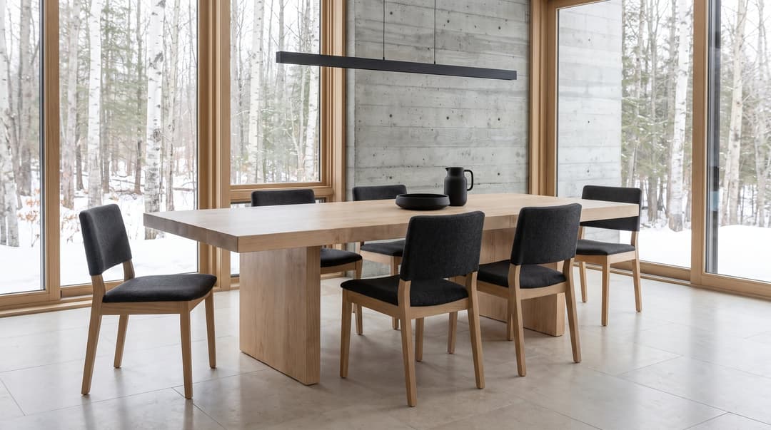 Monolith Hard Maple Dining Table, the dining room, six wool chairs before the birch wood