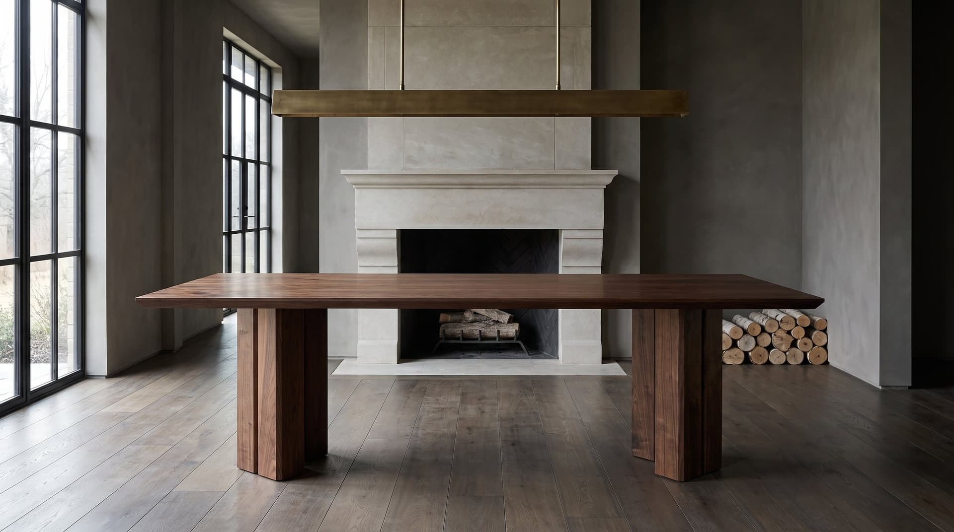 Vekt Walnut Dining Table, alone before the limestone fireplace