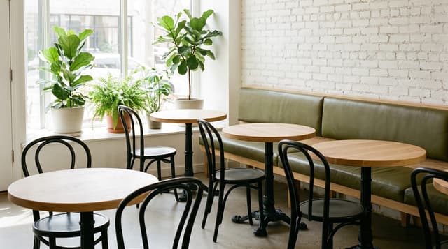 Round white oak café table tops on black cast-iron pedestal bases with bentwood chairs