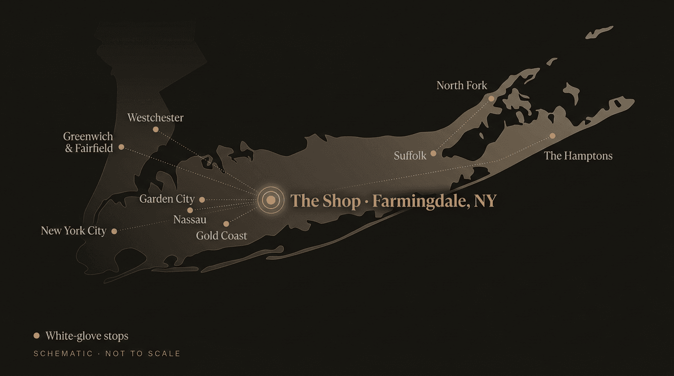 Hardtwood white-glove delivery map: from our Farmingdale, NY shop across Long Island (Nassau, Suffolk, Garden City, the Gold Coast, North Fork, and the Hamptons) into New York City, Westchester, and Greenwich & Fairfield in coastal Connecticut.