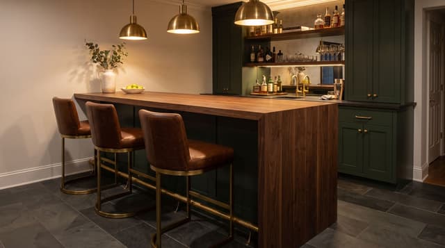 A basement home bar, walnut bar top with a waterfall end at 42 inches