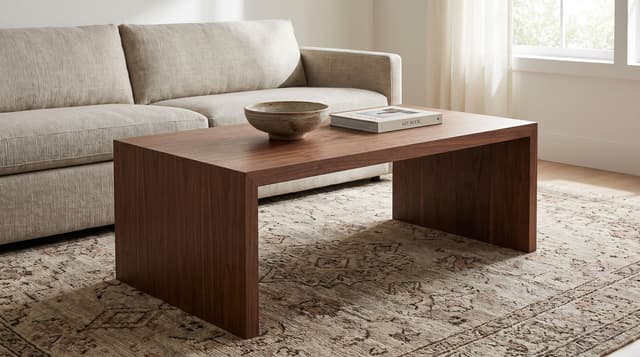 A living room, walnut waterfall coffee table