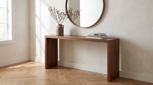 An entryway, walnut waterfall console under a round mirror