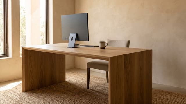 A home office, white oak waterfall desk with both ends folded to the floor