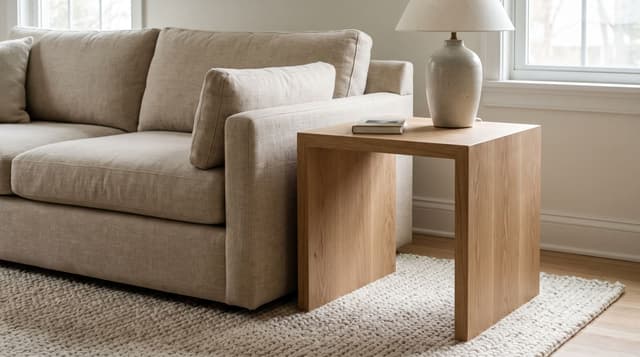 A living room, white oak waterfall end table beside a sofa