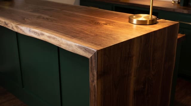 Live-edge walnut bar top turning down at a waterfall corner