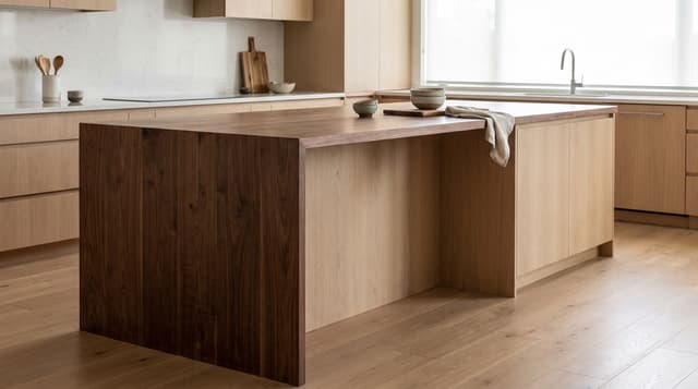 A modern kitchen, walnut island with a waterfall end over white oak cabinetry
