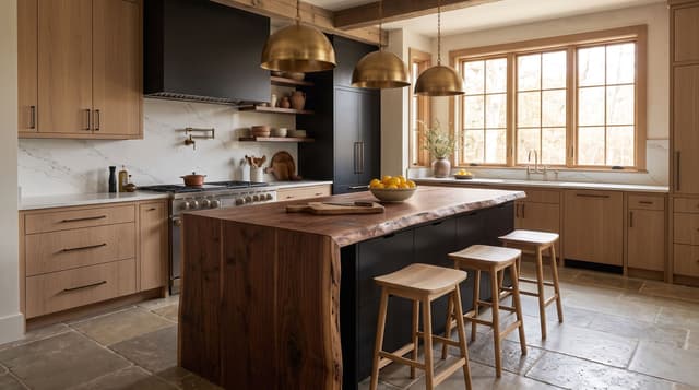 A modern kitchen, live-edge walnut island with a waterfall end, the live edge running down the leg