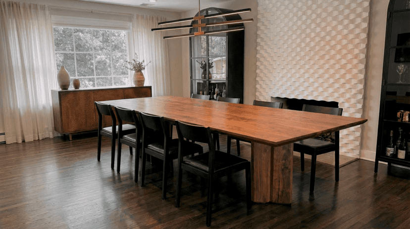 Solid walnut dining table, face grain — the Vekt Walnut Dining Table in a dining room