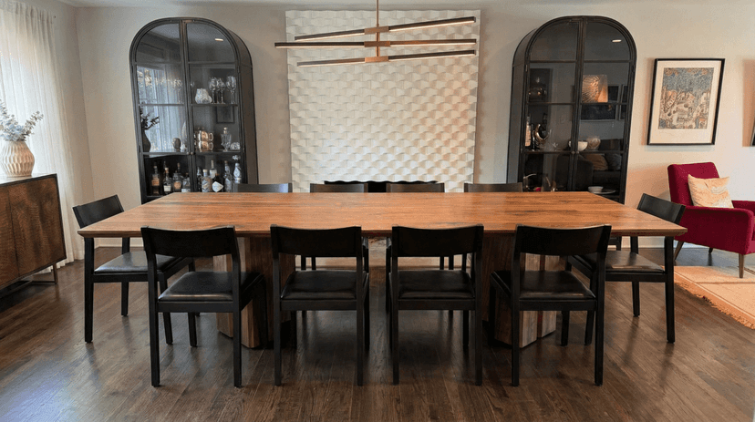 Solid walnut dining table, face grain — the Vekt Walnut Dining Table in a dining room