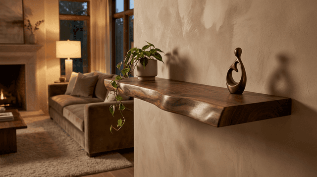 Walnut live edge shelves in use