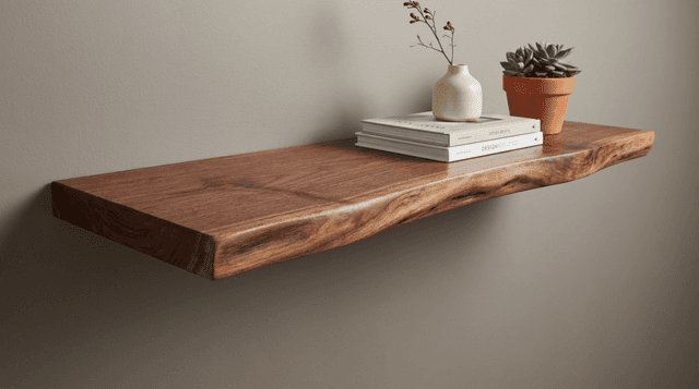 Walnut live edge shelves in use