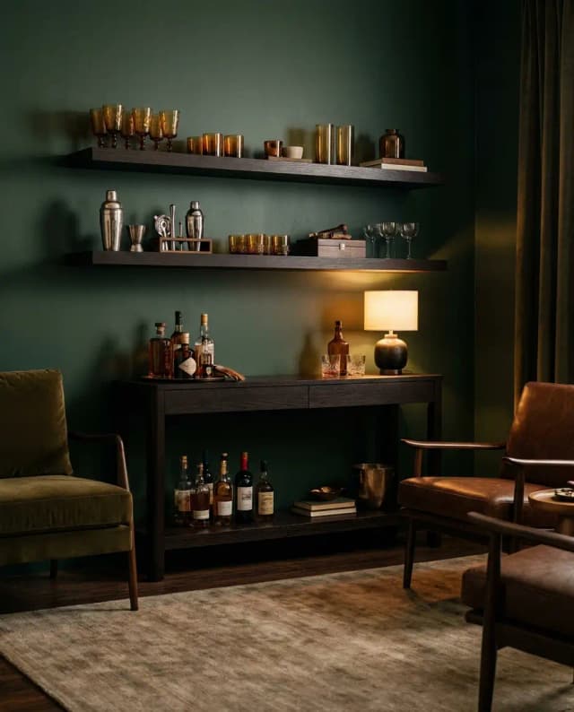 Wenge floating shelves — a moody home bar corner