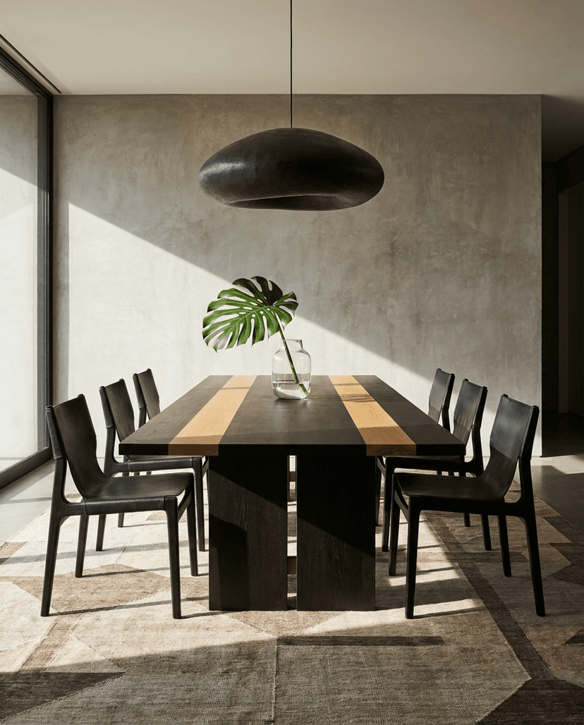 Solid black oak + white oak dining table, face grain — a bold modern dining room — striped plank top