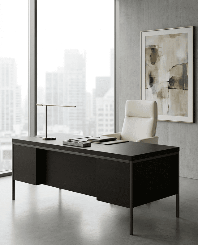 Solid wenge desk top in a sleek executive office