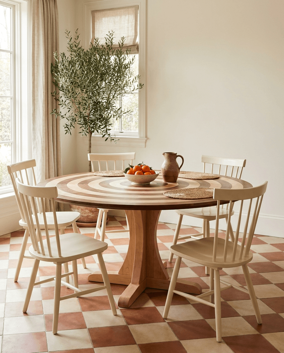 Maple and walnut two-tone round table top in a sunlit breakfast nook