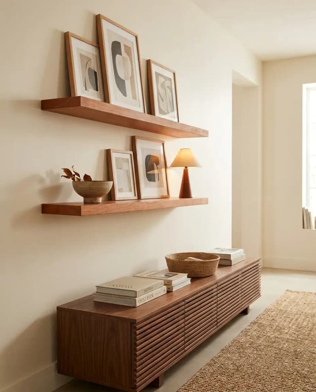 Cherry floating shelves — a warm hallway