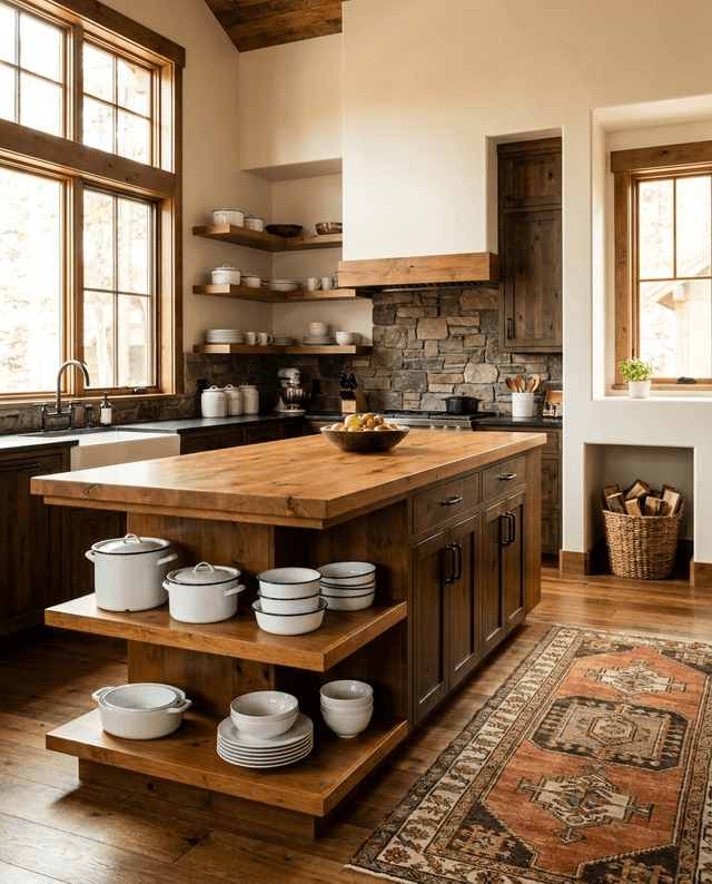Solid knotty alder island top with matching open shelves in a mountain-cabin kitchen