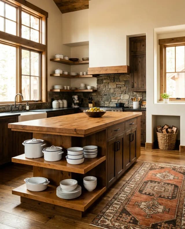 Knotty Alder countertop — a mountain-cabin kitchen, island with matching shelves