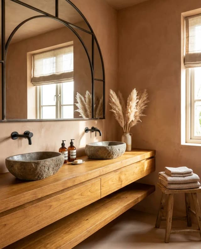 Iroko countertop — a warm modern double vanity
