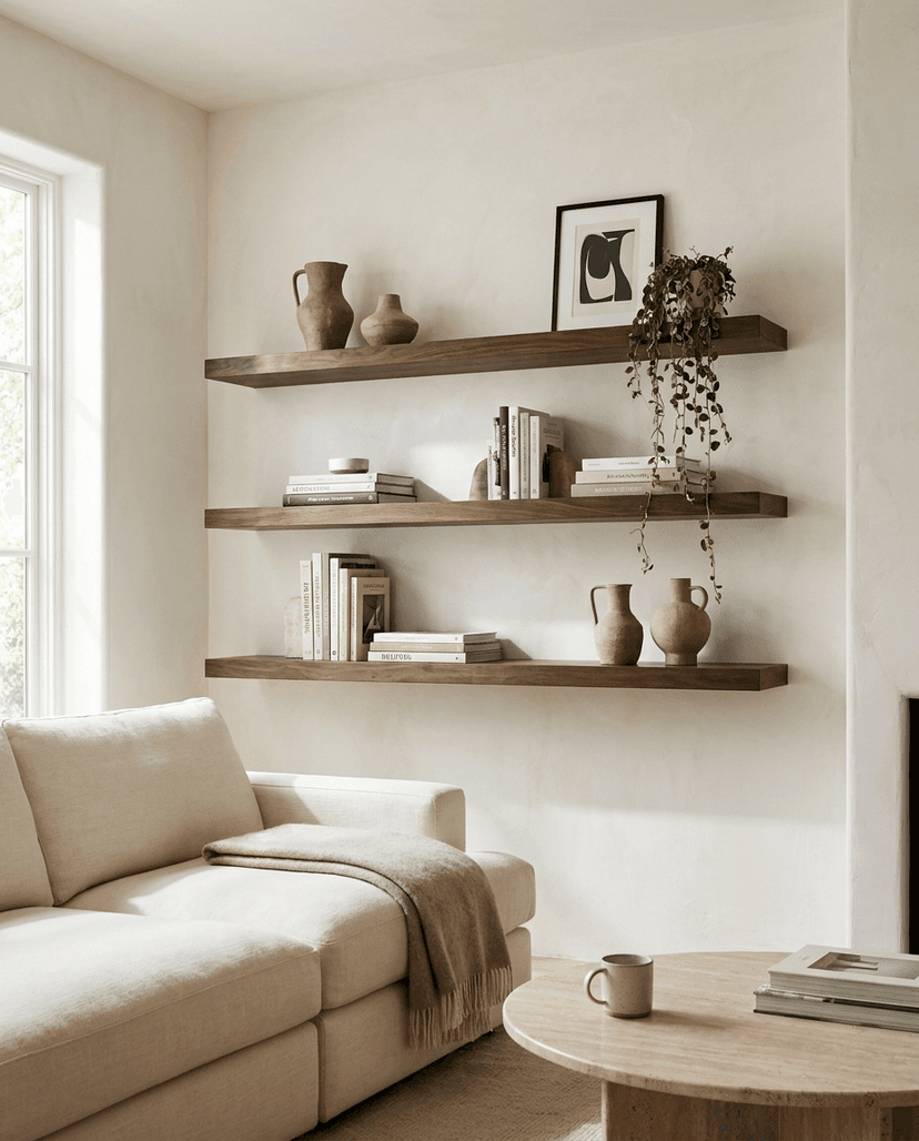 Solid walnut shelf, face grain — a styled living room wall