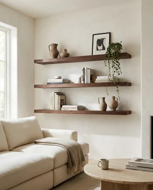Walnut floating shelves — a styled living room wall