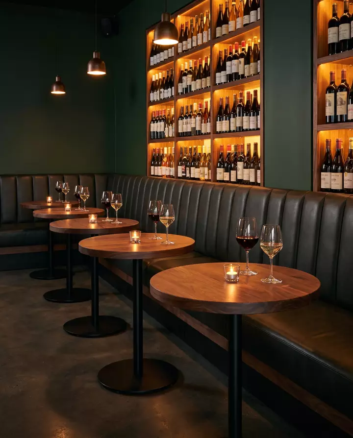 Walnut round tables — a wine bar with banquette seating
