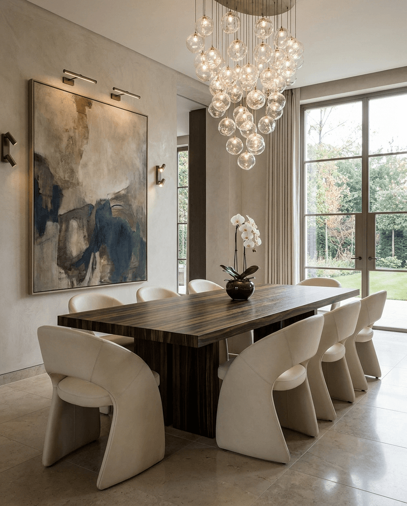 Solid macassar ebony dining table, edge grain — a dramatic contemporary dining room