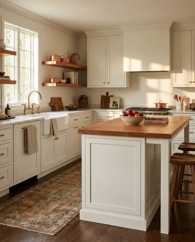 Cherry countertop — a classic shaker kitchen, island top with matching floating shelves