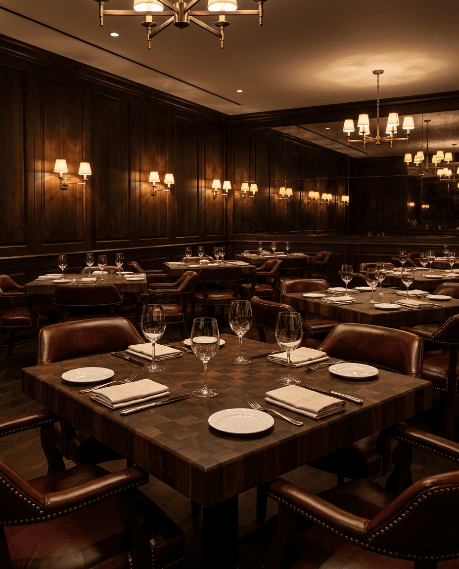 End grain walnut table tops in a modern steakhouse dining room