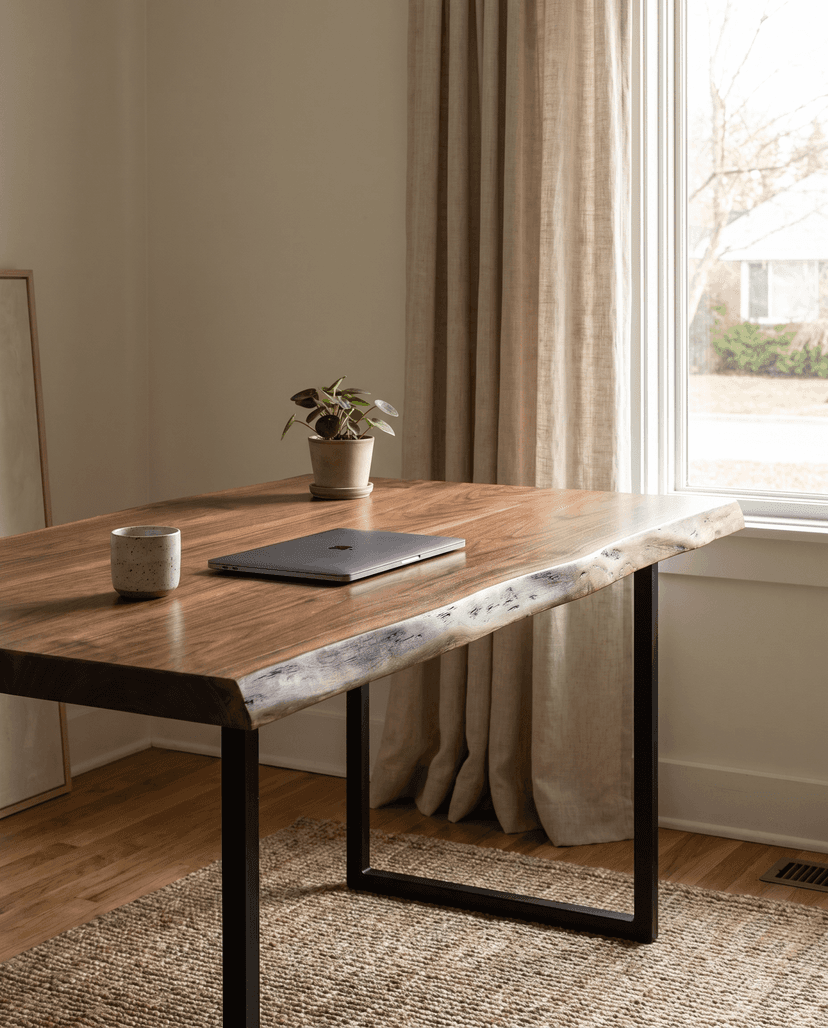 Solid walnut tabletop, live edge — a calm home office desk