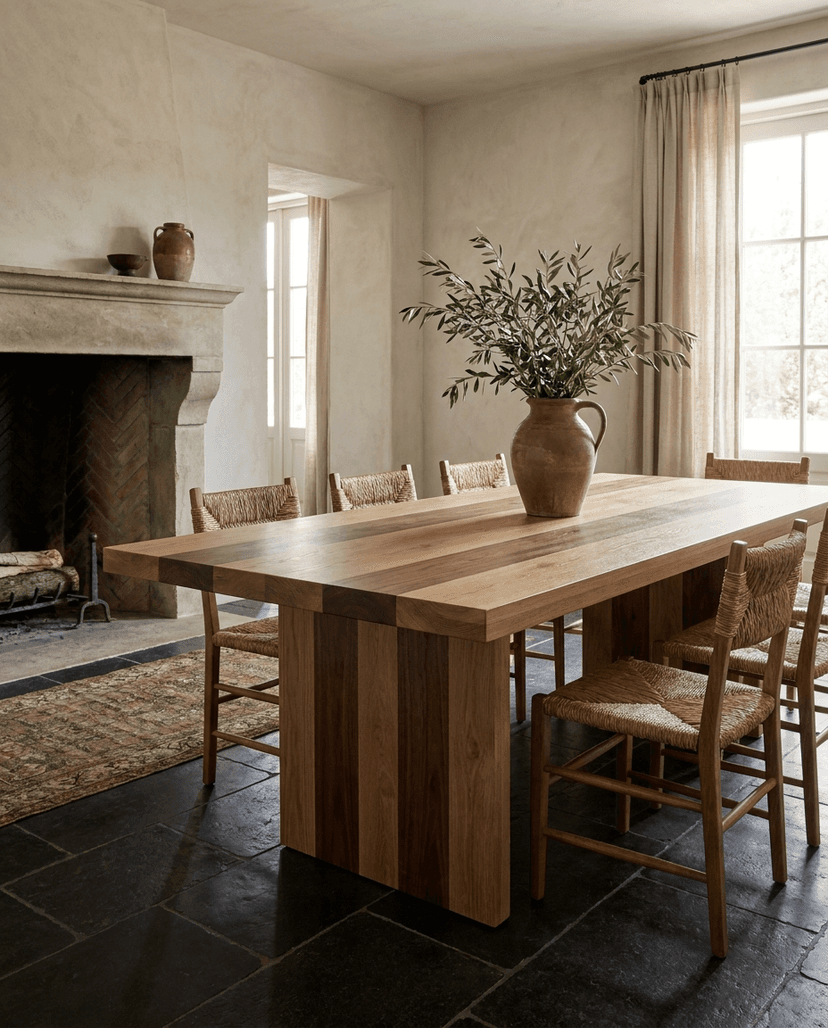 Solid european oak + walnut dining table, edge grain — a European-country dining room