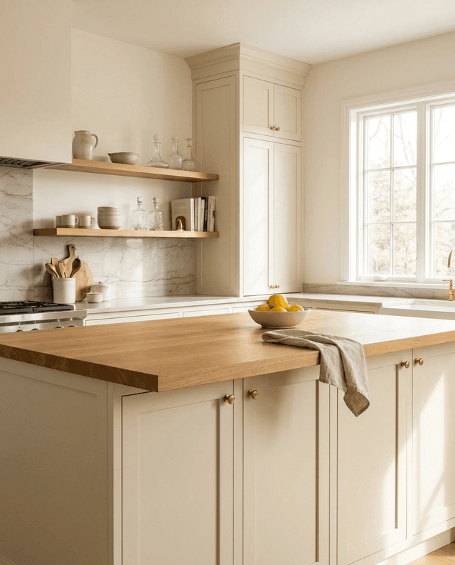 Solid white oak face-grain island top with matching floating shelves in a warm minimalist kitchen