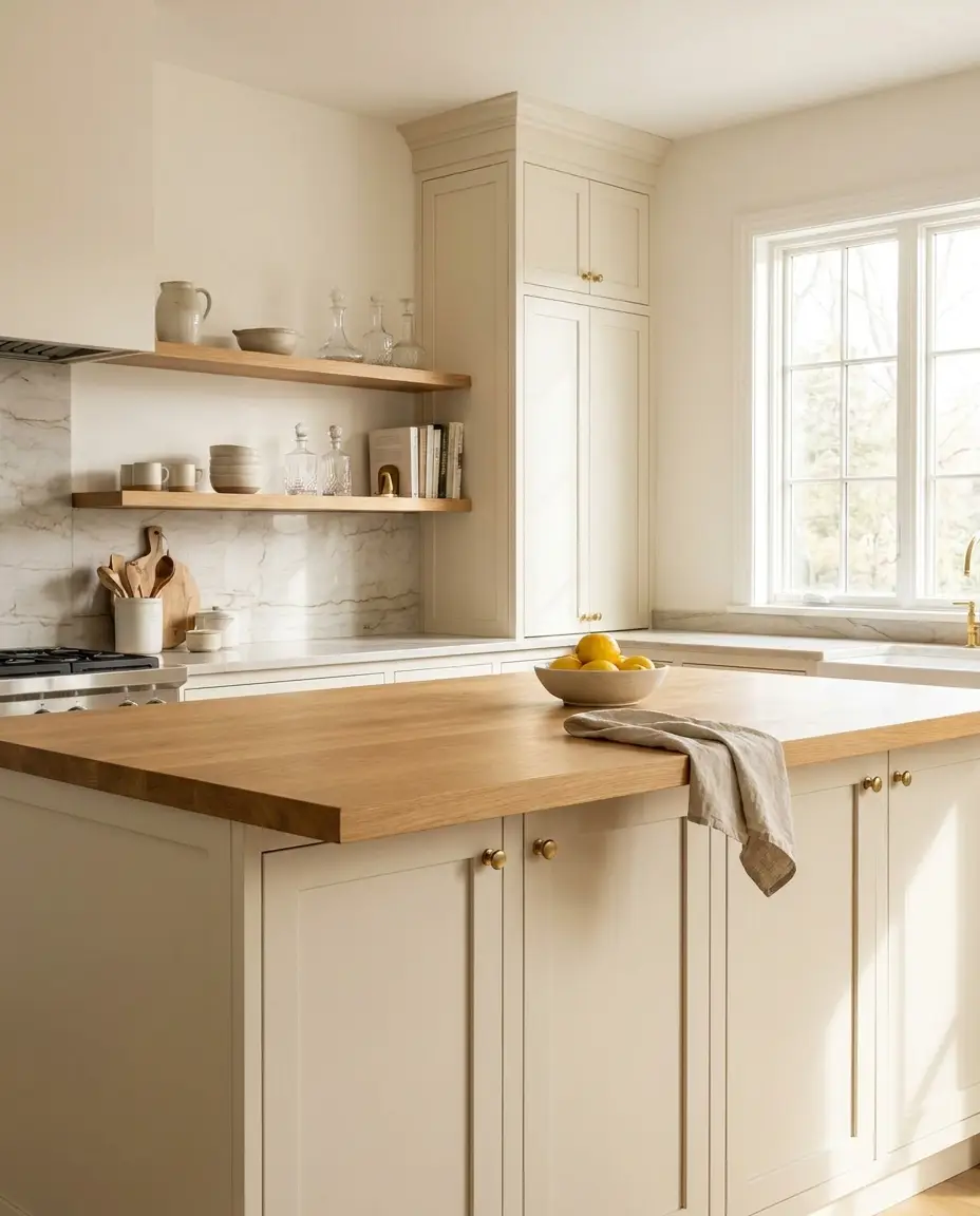 White Oak countertop — a warm minimalist kitchen, island top with matching floating shelves