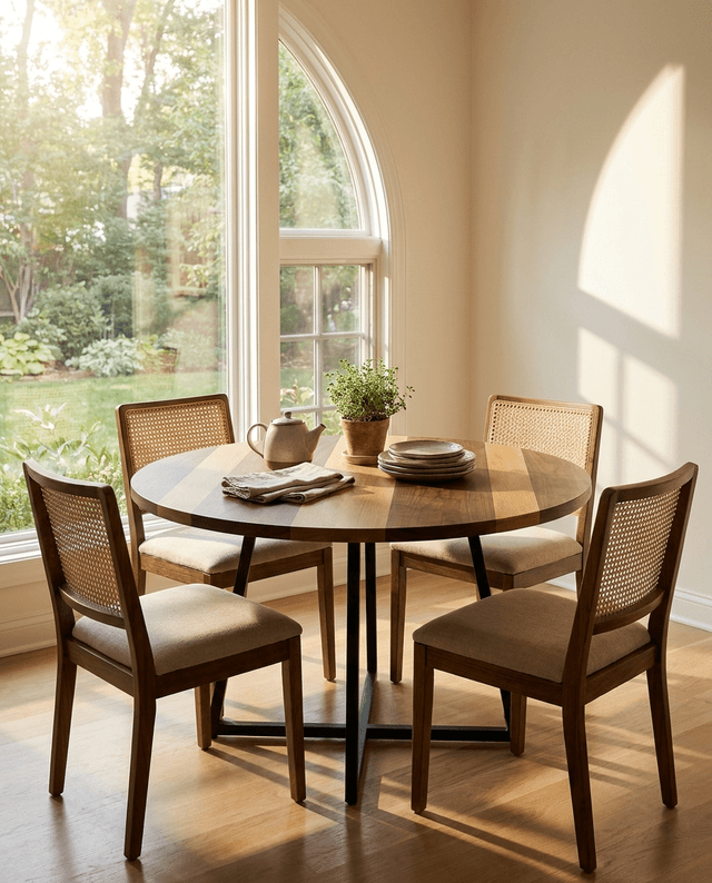 Two-tone walnut and white oak round table top with cane chairs in a sunlit breakfast nook